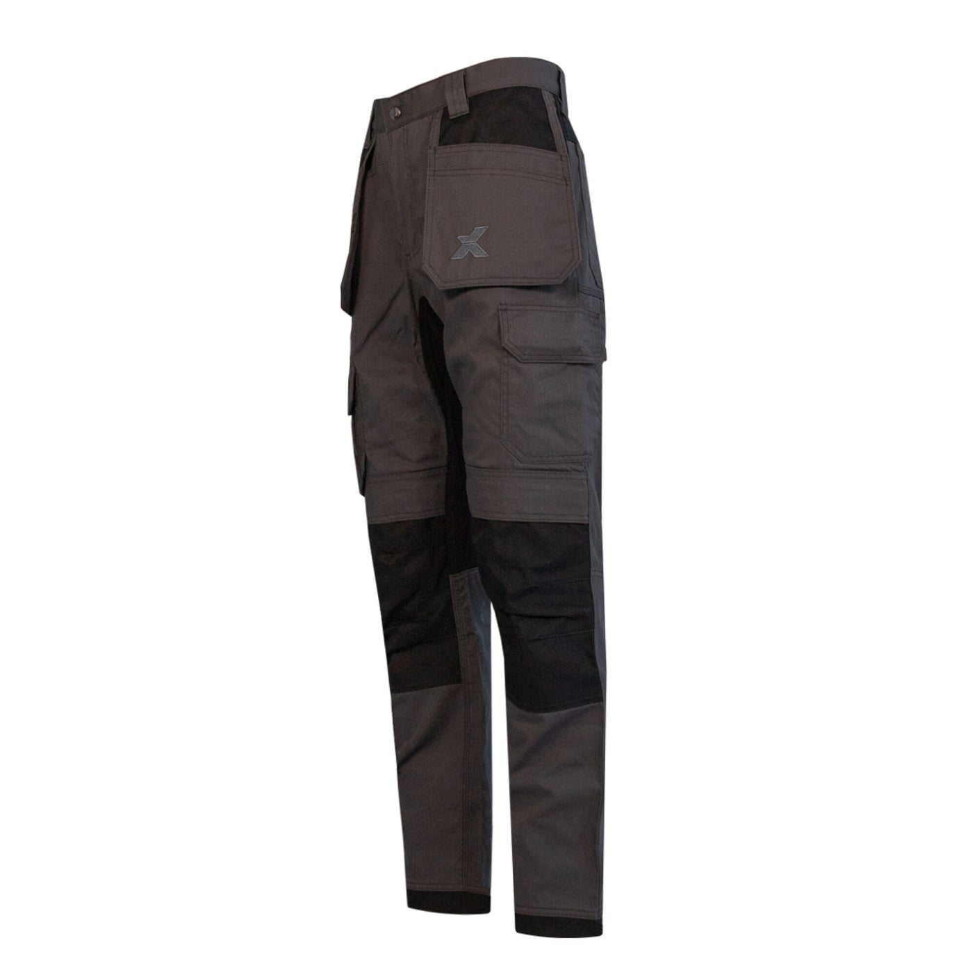 A pair of Cottonmount Xpert Core Stretch Work Trousers in gray with black knee patches and multiple pockets, featuring 360° stretch panels, shown from a three-quarters front view.