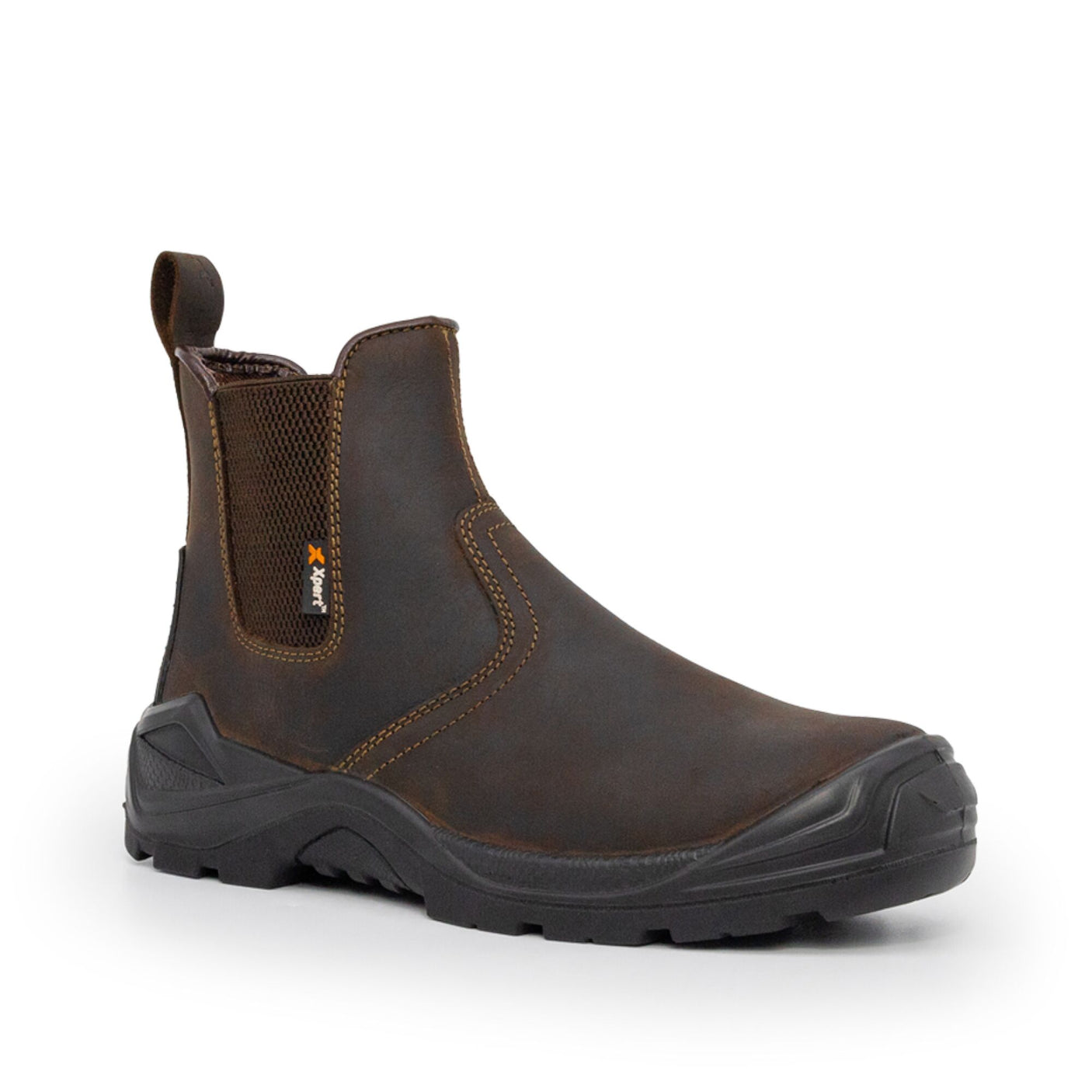 Introducing the Xpert Defiant S3 Safety Dealer Boot Brown by Cottonmount, a brown leather Chelsea boot with a black rubber sole and reinforced steel toecap. This pull-on Safety Dealer Boot features elastic side panels for easy wear.