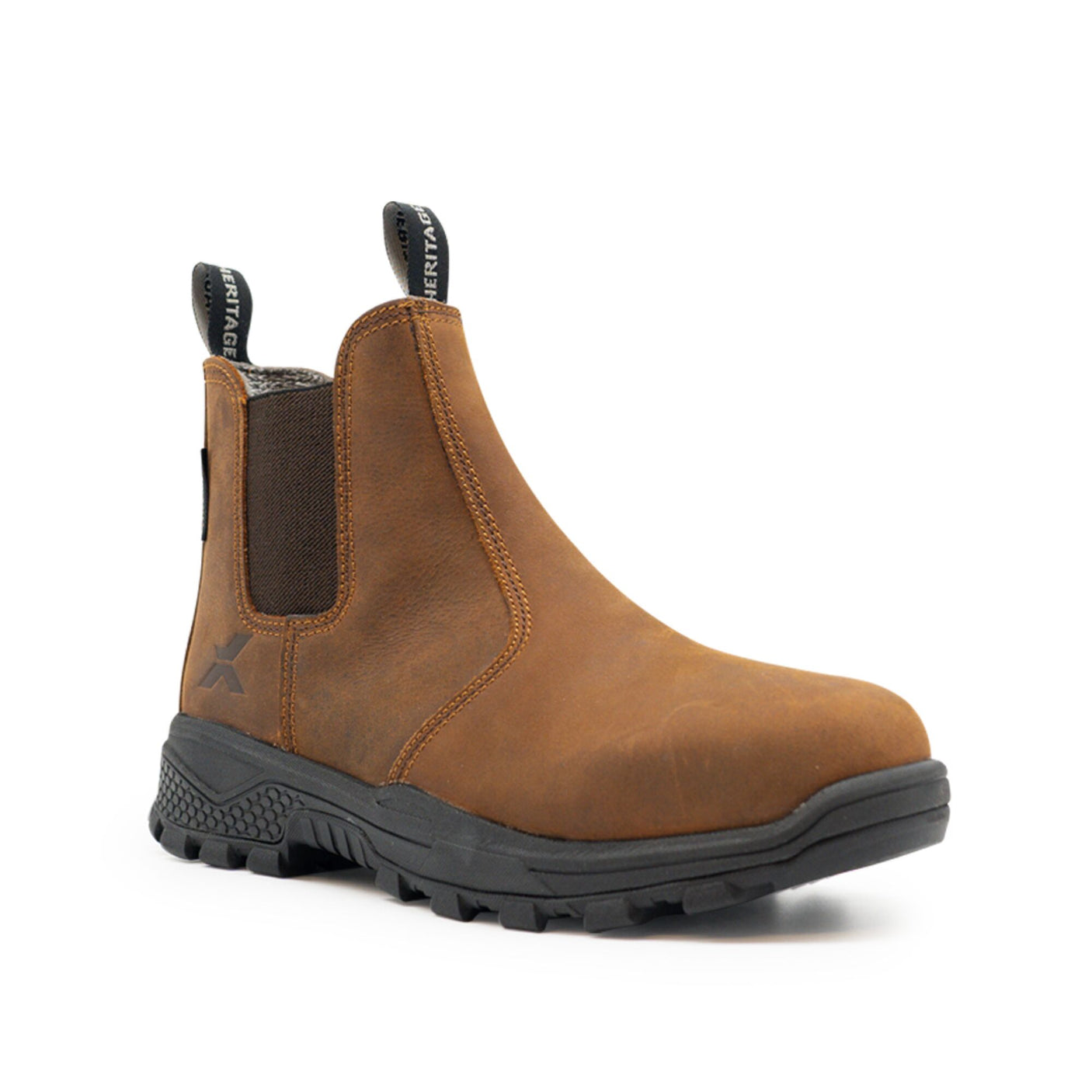 The Cottonmount Xpert Heritage Dealer S3L Safety Boot in brown leather features a composite toe, black elastic side panels, a pull tab on the heel, and a rugged slip-resistant outsole.