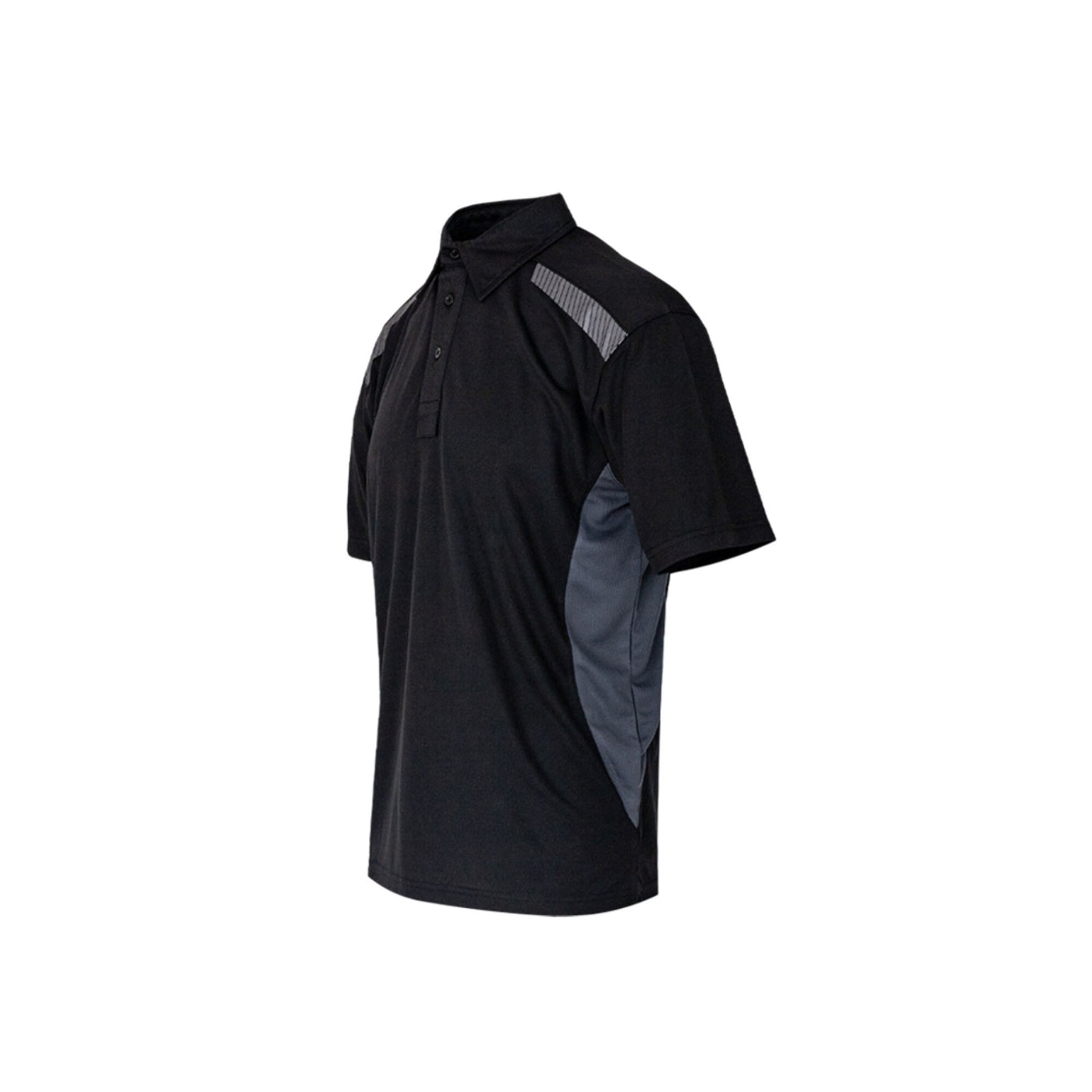 A Cottonmount Xpert Pro Stretch Polo Shirt in Black/Grey, featuring dark gray accents on the shoulders and sides, made with breathable stretch material and an anti-bacterial wicking treatment.