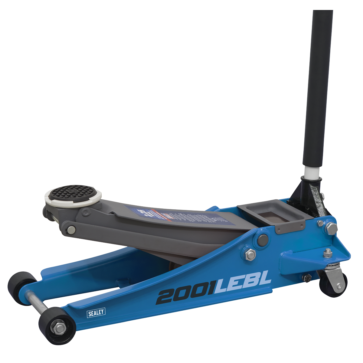 A blue and gray hydraulic floor jack labeled "2001LEBL Sealey," featuring a twin piston rocket lift, designed for lifting vehicles.