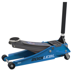 A blue and gray hydraulic floor jack labeled "2001LEBL Sealey," featuring a twin piston rocket lift, designed for lifting vehicles.
