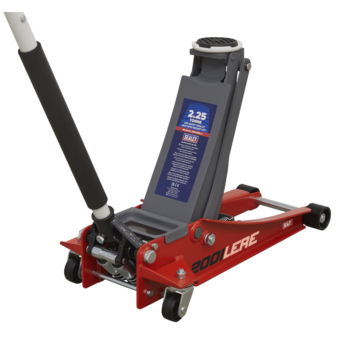 A red and gray 2.25-ton hydraulic floor jack with a black handle, designed for lifting vehicles, is branded with "Sealey" on the side and labeled as "2001LERE." Featuring a universal joint release mechanism, this Trolley Jack 2.25 Tonne Low Profile Rocket Lift Red delivers precise control during use.