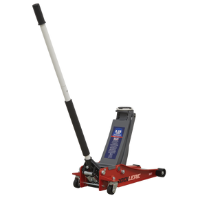 The Trolley Jack 2.25 Tonne Low Profile Rocket Lift Red - 2001LERE, branded Sealey, is a red floor jack with a white and black handle, rated for 2.25 tons. It features the brand name "Sealey" visible on the base and boasts a twin piston rocket lift along with a universal joint release mechanism for efficient use.