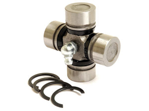 A Sparex Universal Joint - 15/16'' x 2 5/16'' (Standard Duty) (Sparex Part Number: S.200675) is showcased along with four accompanying rings. The metallic component appears brand new.