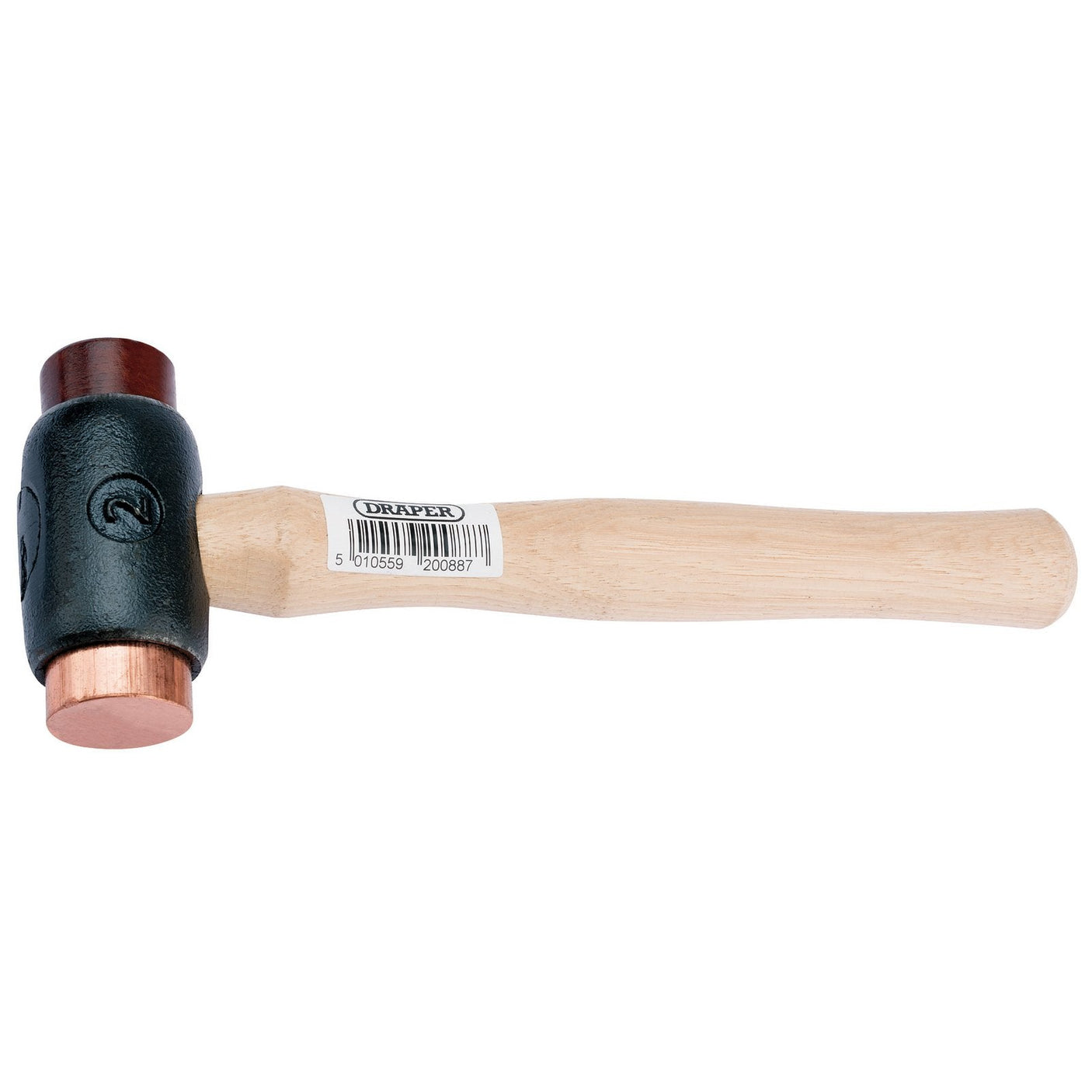 The Draper Copper/Rawhide Faced Hammer, 1100G/38Oz - 210D, features a wooden handle and a black metal head with a flat copper face on one end.