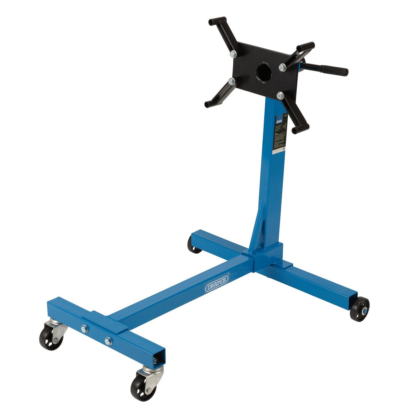 Introducing the Draper Engine Stand, 450Kg - ES450B, a heavy-duty blue and black stand featuring four 360° swivel wheels—two of which are lockable. This high-quality stand includes handles and an adjustable mounting plate for securing engines with ease.