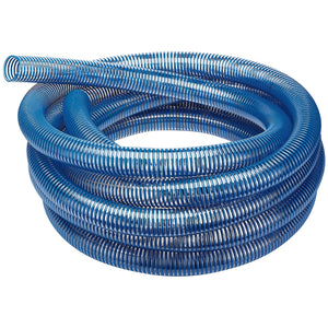 The Draper Pvc Suction Hose, 10M X 50mm/2" - APWP2 by Draper is a coiled, transparent blue hose with ridges and clear walls, ideal for fluid or air transfer, and offers flexible positioning.