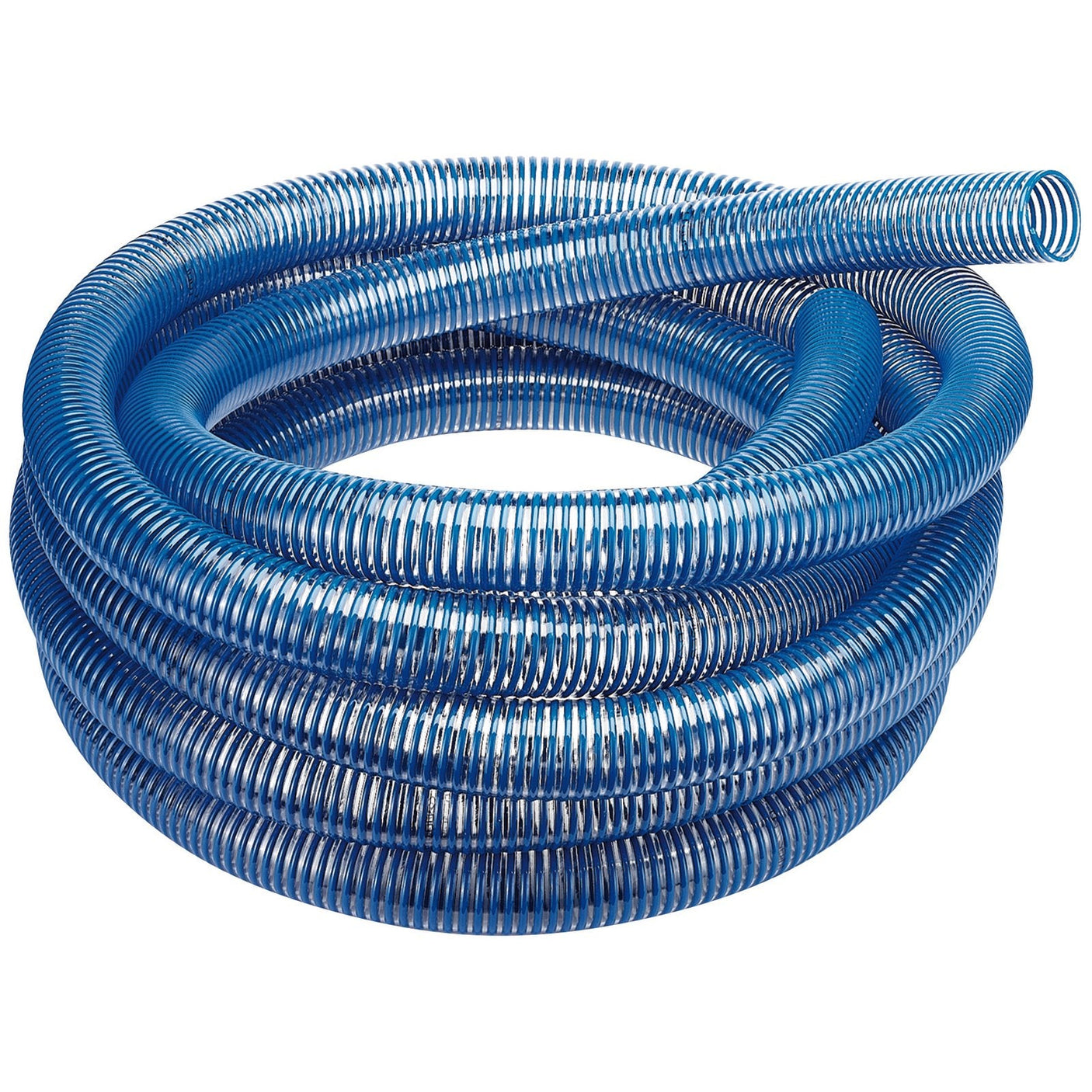 The Draper Pvc Suction Hose, 10M x 75mm/3" - APWP3, is a clear blue and transparent flexible corrugated hose with spiral reinforcement, ideal for use with Draper water pumps.