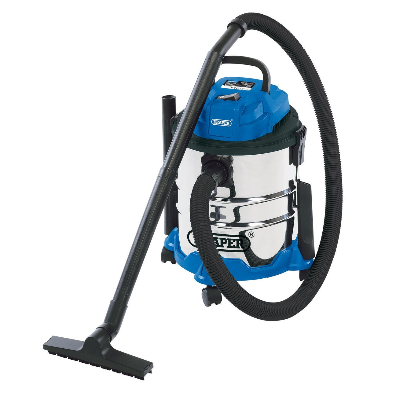 The Draper 230V Wet and Dry Vacuum Cleaner, model WDV20BSS, features a blue and silver body with a stainless steel 20L tank. It includes a black flexible hose and an attached flat nozzle, all standing on a set of wheels. With its powerful 1250W motor, it offers both wet and dry vacuuming capabilities as well as a blower function for added versatility.