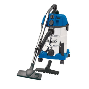 A Draper 230V Wet and Dry Vacuum Cleaner with a stainless steel tank, hose, and attachments, featuring a blue and silver design for workshop use, stands on a white background.