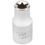 The Draper E7 1/4" Sq. Dr. Draper Tx-Star® Socket - TS14 is a robust spline socket, crafted from durable chrome vanadium steel, featuring the "Draper" brand engraving on its chrome-plated side.