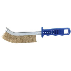 The Draper General Purpose Wire Brush, 250mm - 4863 features a blue plastic handle and angled bristles, making it perfect for effectively cleaning metal surfaces after welding.