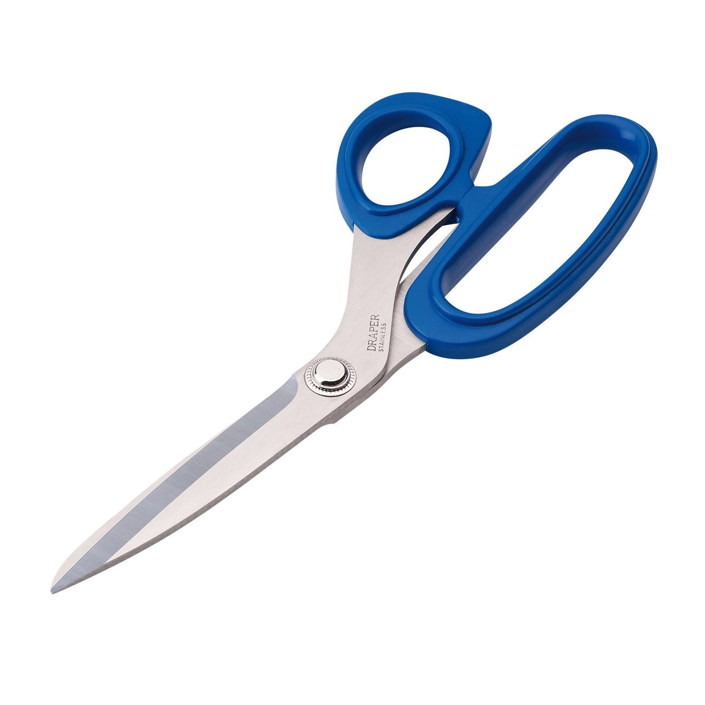 A pair of Draper Dressmaking Shears, 210mm - 5210, featuring stainless steel blades and blue plastic handles, lying on a white background.