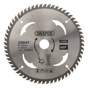 A Draper Tct Circular Saw Blade For Wood, marked with "20647 165mm x 20mm max. 8,100rpm," features precision-ground tungsten carbide-tipped edges. This blade, identified as SBW3 and sporting the Draper brand name, is designed for cutting wood and includes additional specifications printed directly on its surface.