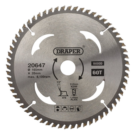 Draper Tct Circular Saw Blade For Wood, 165 X 20mm, 60T - SBW3 - Farming Parts