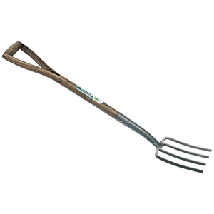 The Draper Young Gardener Digging Fork With Ash Handle - YG/DF is ideal for the young gardening enthusiast. It boasts a carbon steel, metal head and a lacquered ash handle, along with four sturdy tines for efficient soil turning.