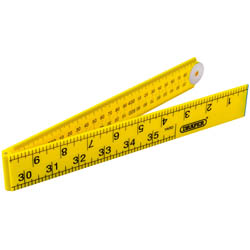 The Draper Plastic Folding Rule, 1M - PFR/1M by Draper is a yellow two-sided folding ruler made from impact-resistant ABS plastic, featuring clear graduations in both inches and centimeters, partially extended.