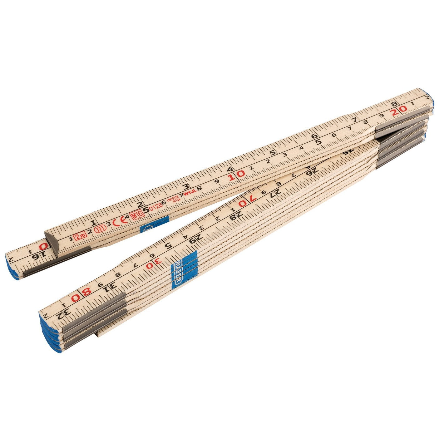 The Draper Folding Wood Rule, 2M - FRW/III by Draper boasts EC Class III Accuracy, convenient measurement markings in both centimeters and inches highlighted in black and red ink, and durable metal hinges for enhanced durability.