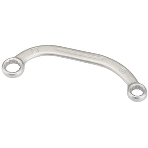 The Draper Elora Obstruction Ring Spanner, 14x17mm - 122-14x17, is a silver, curved double box-end wrench crafted from durable chrome vanadium steel.