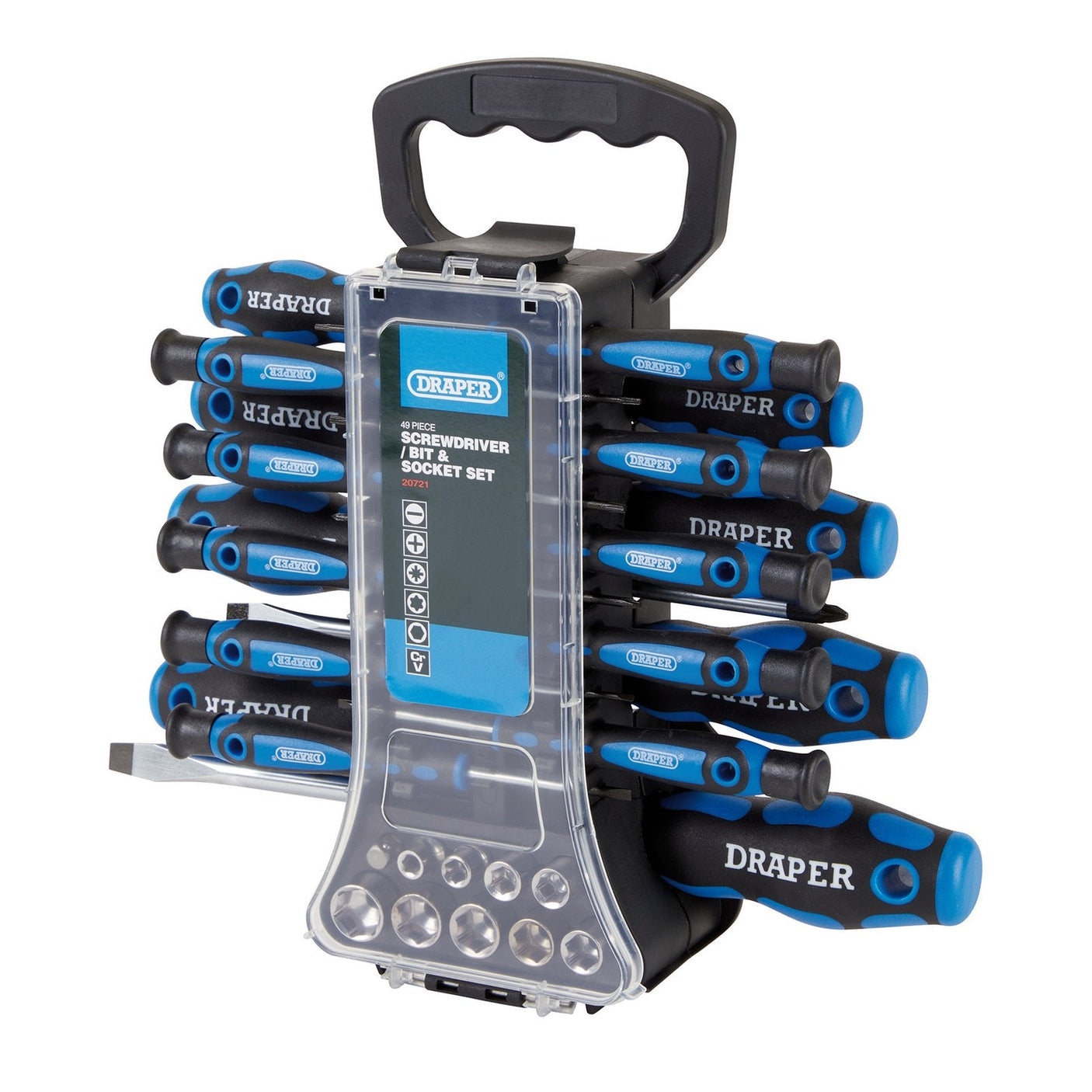 Image of a Draper Screwdriver, Socket, and Bit Set (49 Piece) - 865/49. The set includes various sizes of chrome vanadium steel screwdriver bits organized in a portable, black and blue plastic holder with a clear lid.