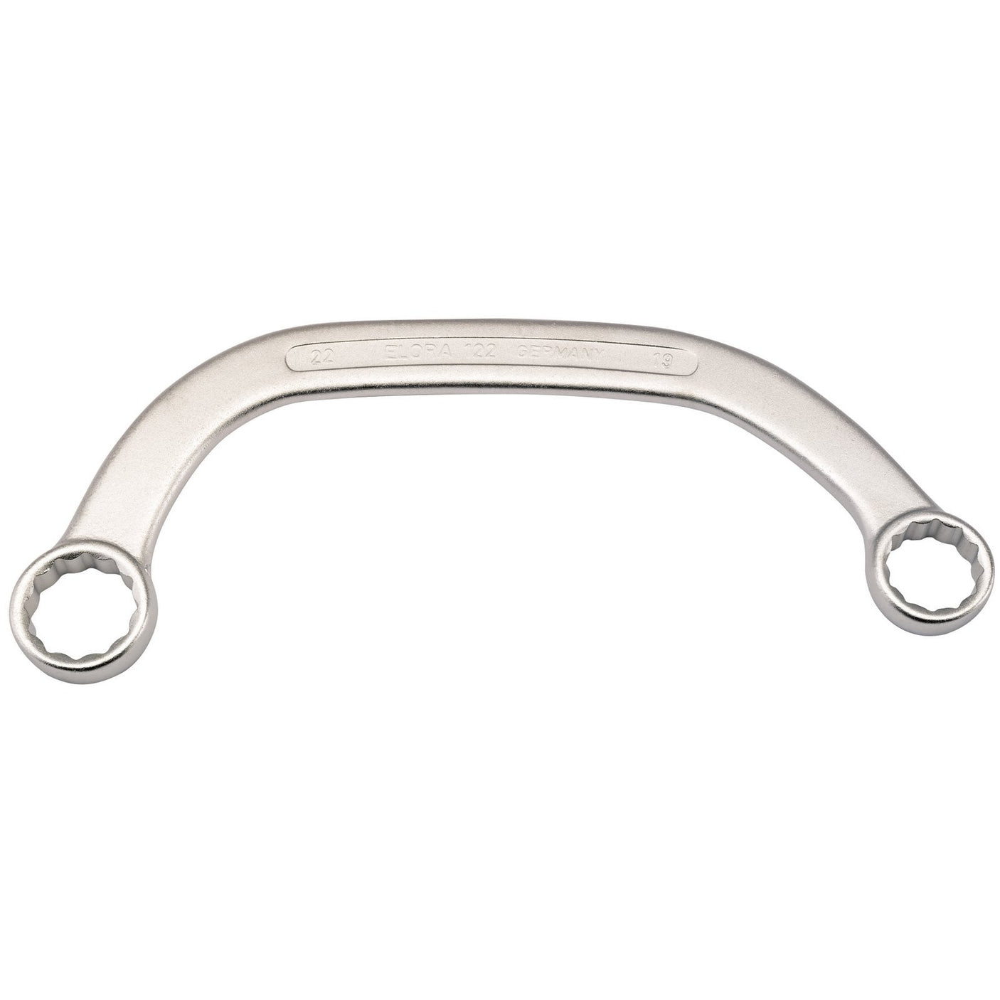 The Draper Elora Obstruction Ring Spanner, 19 X 22mm - 122-19x22 is a silver double-box-end offset wrench crafted from chrome vanadium steel, featuring 12-point openings on both ends for enhanced durability and corrosion protection.