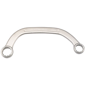 The Draper Elora Obstruction Ring Spanner, 19 X 22mm - 122-19x22 is a silver double-box-end offset wrench crafted from chrome vanadium steel, featuring 12-point openings on both ends for enhanced durability and corrosion protection.