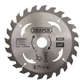Draper's SBW4 model, the "Draper Tct Circular Saw Blade For Wood," boasts 24 carbide teeth designed for rapid wood cutting. This blade features a 185mm diameter, a 25.4mm bore, a 2.6mm kerf, a 1.7mm plate thickness, and supports a maximum speed of 7,200 RPM.