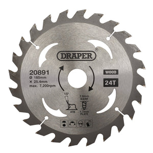 Draper's SBW4 model, the "Draper Tct Circular Saw Blade For Wood," boasts 24 carbide teeth designed for rapid wood cutting. This blade features a 185mm diameter, a 25.4mm bore, a 2.6mm kerf, a 1.7mm plate thickness, and supports a maximum speed of 7,200 RPM.