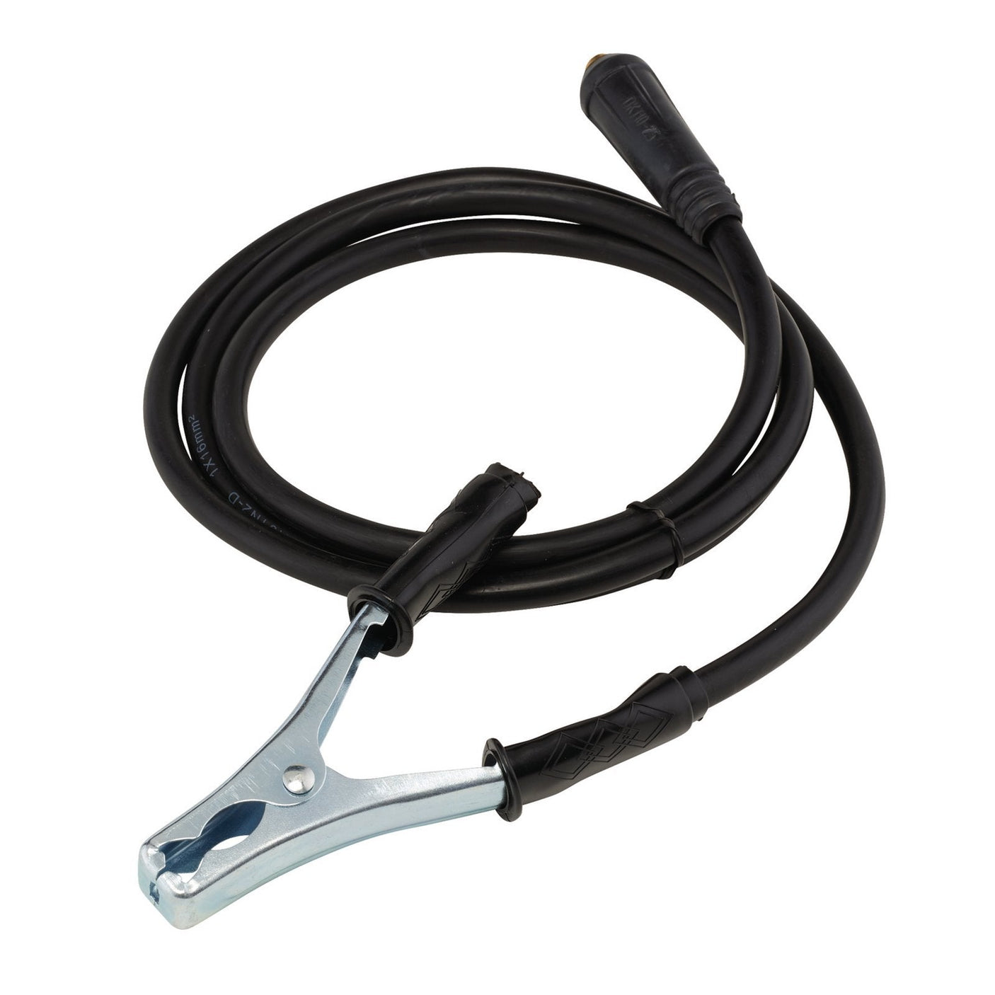 The Draper MMA Welding Earth Lead and Clamp with a 10/25 Dinse-Type Plug, measuring 1.8 meters and capable of handling 200A, features a black welding cable with a large metal clamp on one end and a Dinse-type plug on the other.