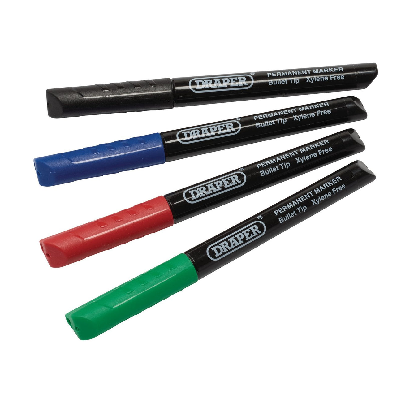 A pack of four Draper Marker Pens, Multicoloured (MP4COL), featuring bullet fibre tips and caps in black, blue, red, and green, each labeled "DRAPER Xylene Free.