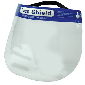 The Draper Disposable Face Shield - DFS, by Draper, is constructed from PET materials and features a clear plastic shield with a blue label at the top that reads "Face Shield" and "Direct Splash Protection." It is equipped with a black elastic headband for a secure fit and is designed to protect against splashes and droplets. This face shield complies with ISO 13485:2003 standards.