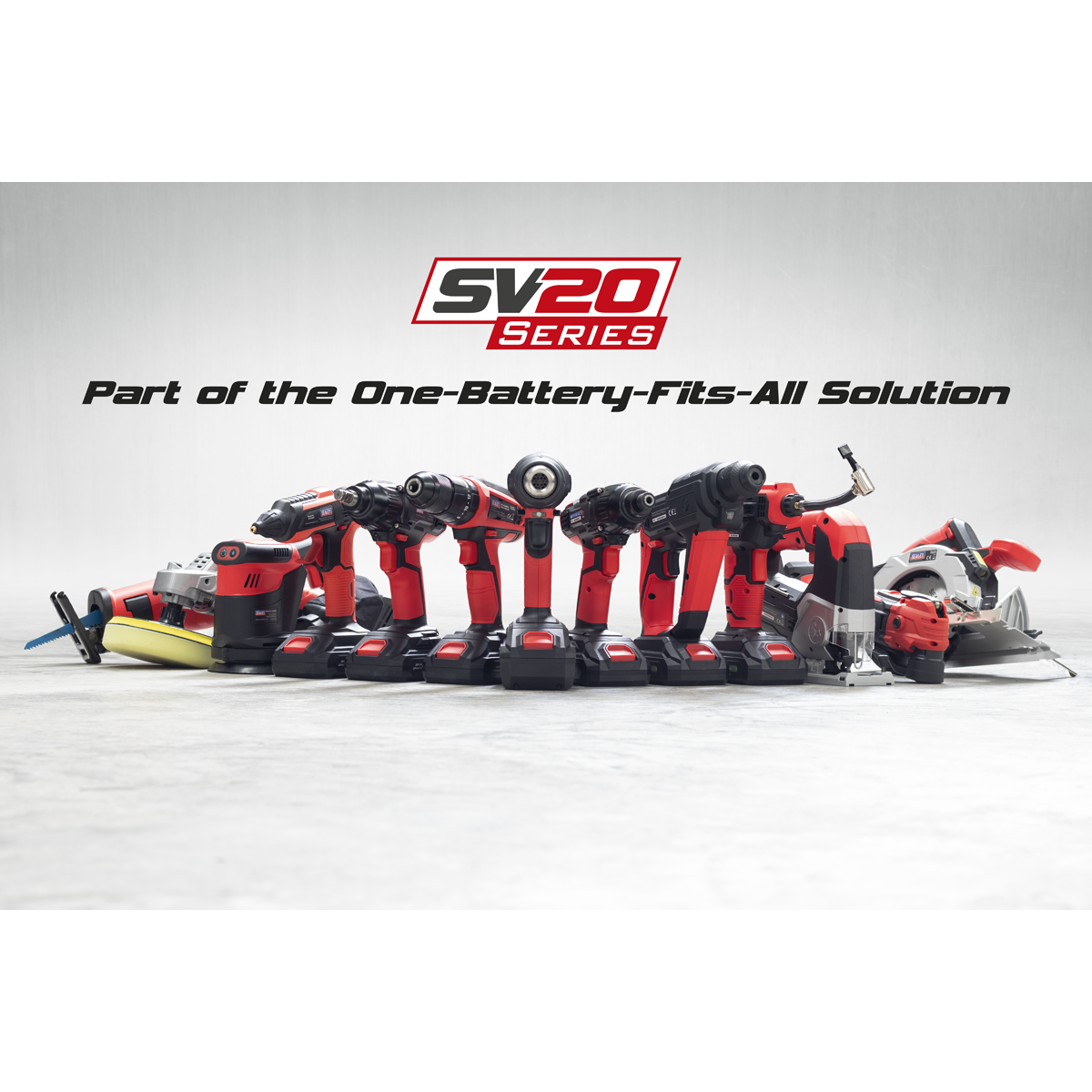 A lineup of various red and black power tools from the Sealey SV20 Series, including the Pruning Shears Cordless 20V (Body Only - CP20VPS), with a 20V battery, displayed with the slogan "Part of the One-Battery-Fits-All Solution" above them.