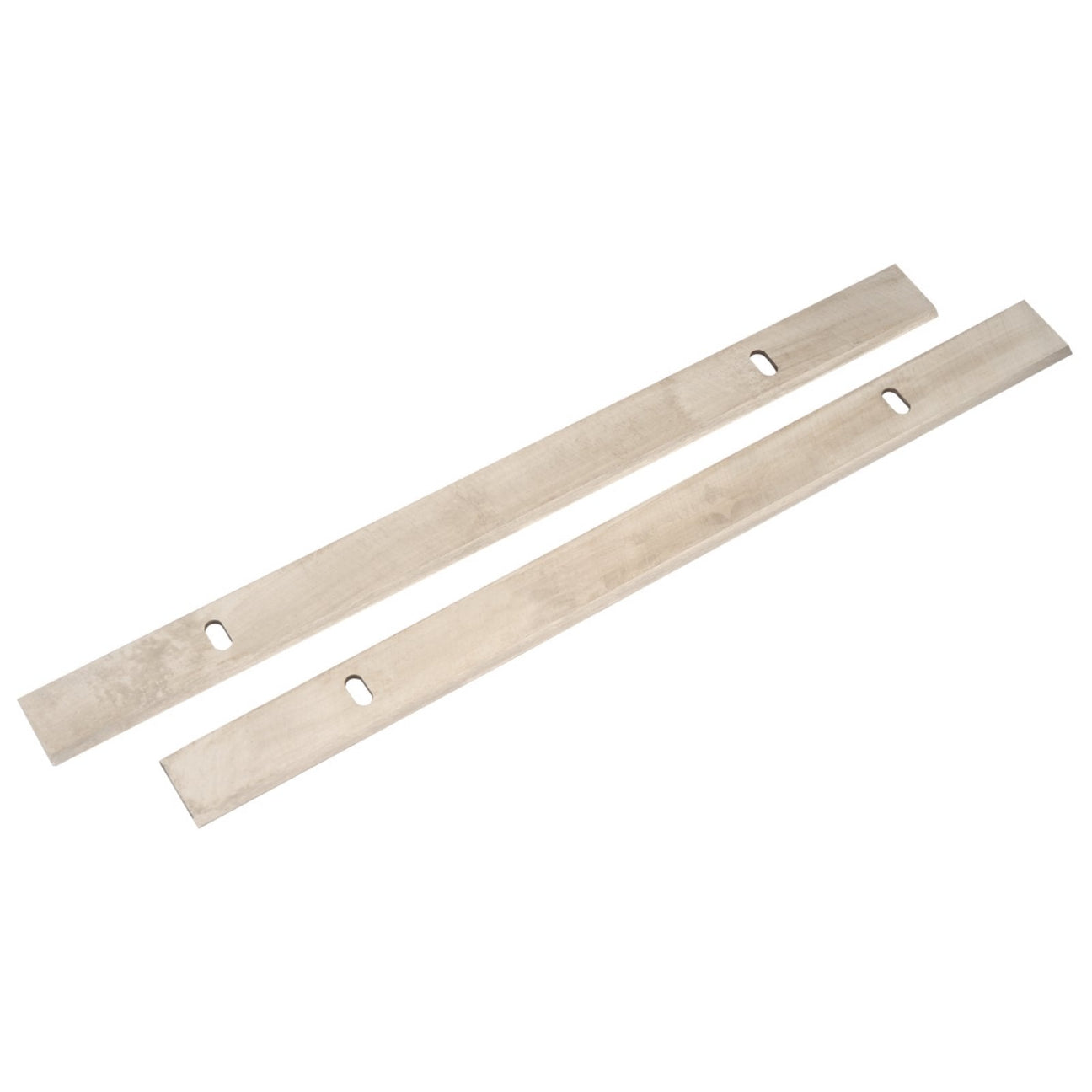 Two elongated, flat metal strips with a rectangular shape and two equally spaced rectangular cutouts in each, placed parallel to each other against a white background. These are Draper Spare Blades for 09543 (Pack of 2) - APT214 by Draper.