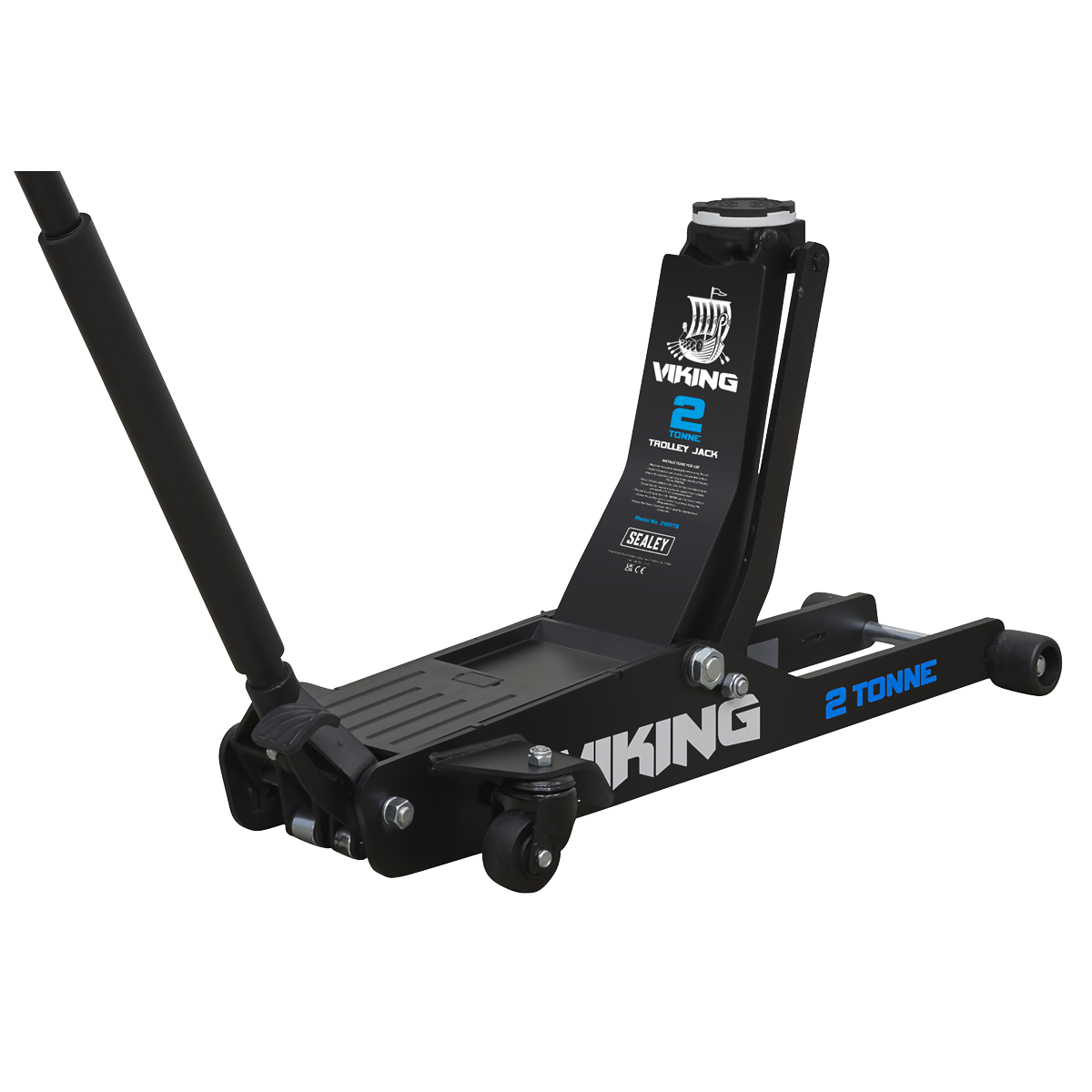 A Sealey Viking Low Profile Professional Long Reach Trolley Jack 2 Tonne with Rocket Lift – 2100TB, featuring a black finish, a long handle, four polyurethane wheels for easy maneuverability, and an efficient rocket lift feature.