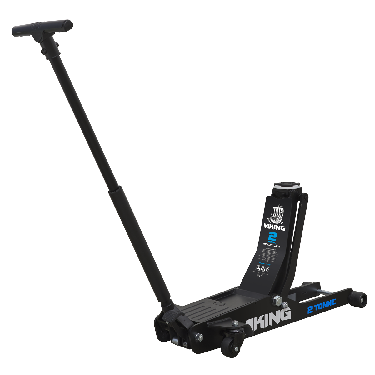 A Sealey Viking Low Profile Professional Long Reach Trolley Jack 2 Tonne with Rocket Lift (2100TB) featuring a heavy-duty long chassis and an extended handle, designed for efficiently lifting vehicles.