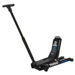 A Sealey Viking Low Profile Professional Long Reach Trolley Jack 2 Tonne with Rocket Lift (2100TB) featuring a heavy-duty long chassis and an extended handle, designed for efficiently lifting vehicles.