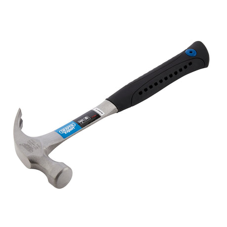 Introducing the Draper Expert Solid Forged Claw Hammer, 560G/20Oz - 8988 by Draper: a high-quality hammer with a black and blue ergonomic handle designed for both comfort and efficiency. This tool is crafted from durable high carbon steel, ensuring long-lasting performance while offering anti-vibration protection for enhanced usability.