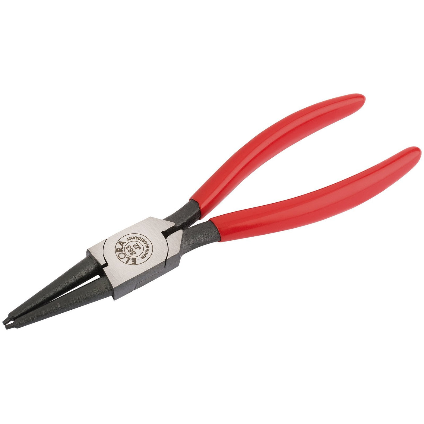 The Draper Elora J2 Straight Internal Circlip Pliers, 19 - 60mm - 383-J2, feature red handles and a metal pivot joint, crafted from durable chrome vanadium steel for enhanced corrosion protection.