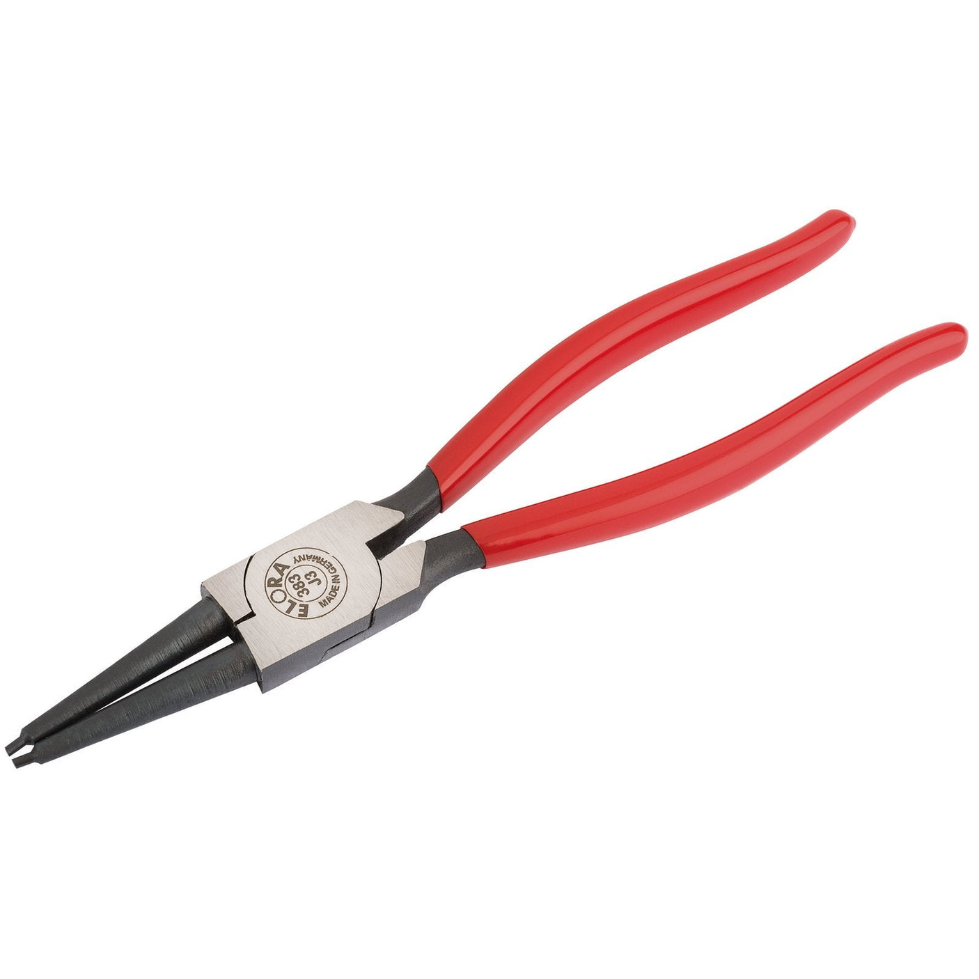 The Draper Elora J3 Straight Internal Circlip Pliers, 40 - 100mm - 383-J3 feature red handles, a hardened tempered metal grip area, and are crafted from durable chrome vanadium steel for superior strength and corrosion protection.