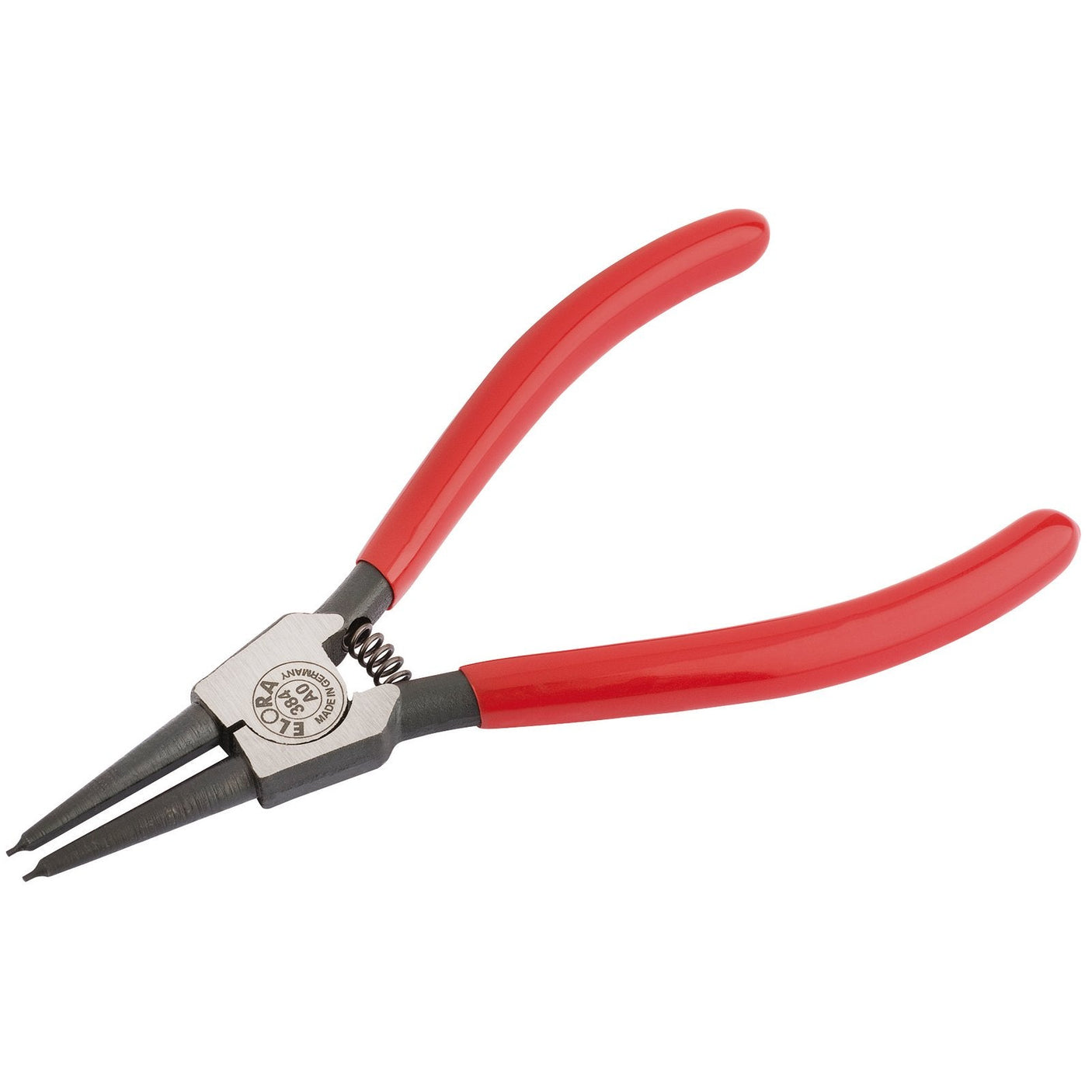 Image of a pair of Draper Elora A0 Straight External Circlip Pliers with red handles and a black, pointed tip made from durable chrome vanadium steel.