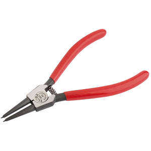 Image of a pair of Draper Elora A0 Straight External Circlip Pliers with red handles and a black, pointed tip made from durable chrome vanadium steel.