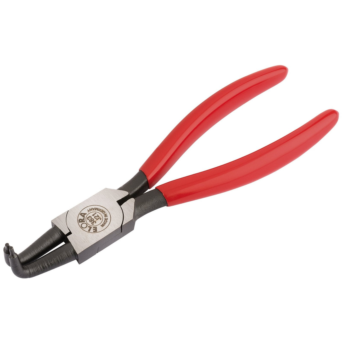 A pair of Draper J21 Bent Internal Circlip Pliers (19 - 60mm, model 383-J21) featuring red handles, crafted from durable chrome vanadium steel, and designed with a specialized rounded tip for gripping or bending.