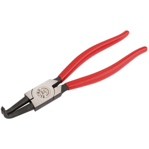 The Draper J31 Bent Internal Circlip Pliers, 40 - 100mm (383-J31), feature red insulated handles and a curved tip. They are expertly crafted from chrome vanadium steel for durability and corrosion protection, making them ideal for specific gripping or bending tasks.