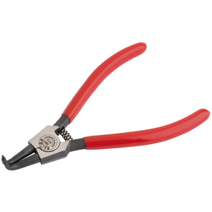 The Draper Elora A11 Bent External Circlip Pliers, featuring red handles and a spring-loaded mechanism, are specifically designed for installing and removing snap rings. Made from chrome vanadium steel, these metal-headed pliers accommodate sizes ranging from 10 to 25mm.