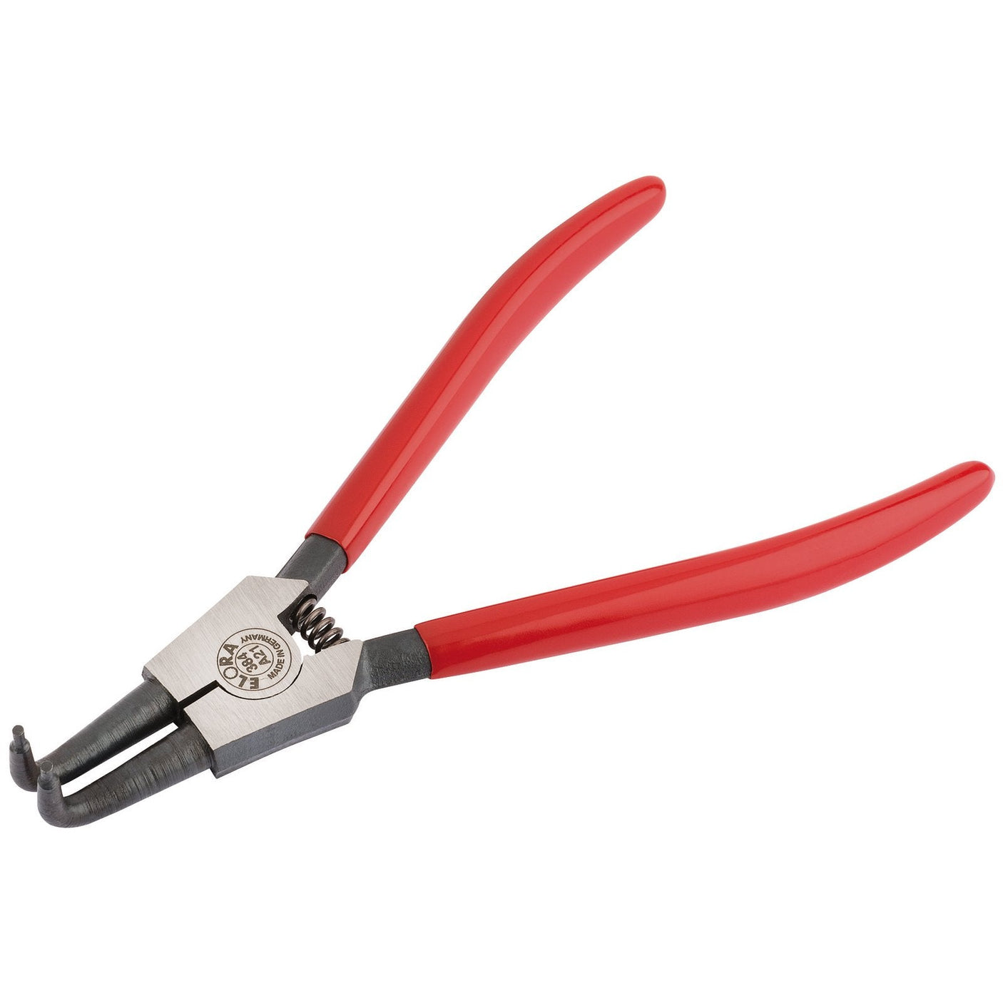 The Draper Elora A21 Bent External Circlip Pliers With Dipped Handles, 19 - 60mm - 384-A21 is crafted from chrome vanadium steel for durability and features red handles along with corrosion protection.