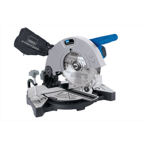 The Draper Storm Force® Mitre Saw, 210mm, 1100W - MS210C features a silver body with a black dust bag attached, a blue handle, bevel cutting capabilities, and an integrated measuring guide on the base.