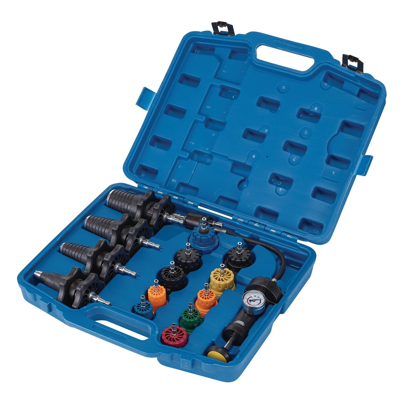 The Draper Expert Universal Pressure Test Kit (15 Piece) - URPTK-2 features a blue plastic case that contains various automotive radiator pressure testing tools and universal pressure test kit adapters, all arranged neatly in individual slots.