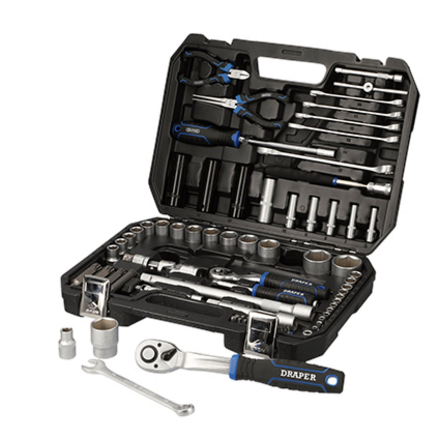 A Draper Hi-Torq® Metric Socket Set, 1/4" & 1/2" Sq. Dr. (83 Piece) - TK83M/SG in black, featuring an assortment of hand tools that include chrome vanadium steel ratchets, sockets, wrenches, and pliers with ergonomic soft-grip handles. Some tools are removed and placed in front of the case.