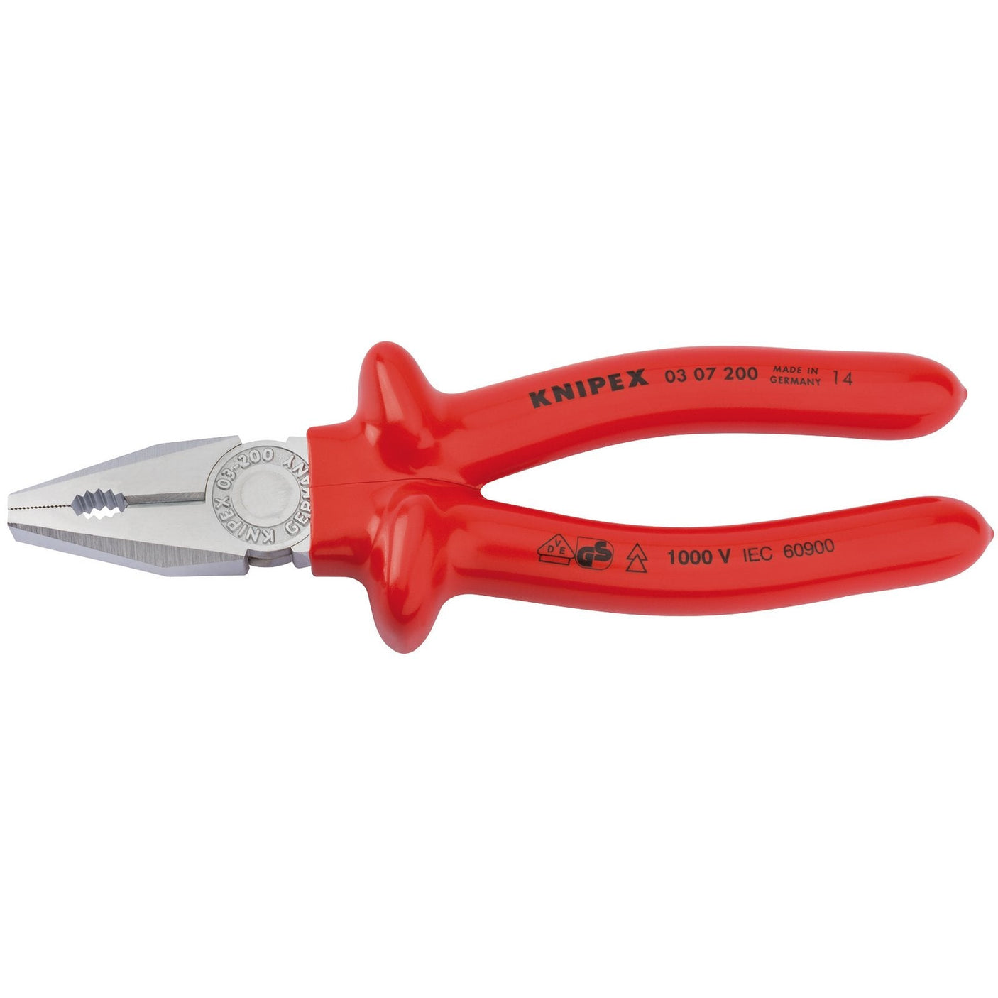 Draper Knipex 03 07 200 Fully Insulated S Range Combination Pliers with red handles, featuring sharp cutting edges and rated for 1000V. Made in Germany from high-quality tool steel, shown on a white background.